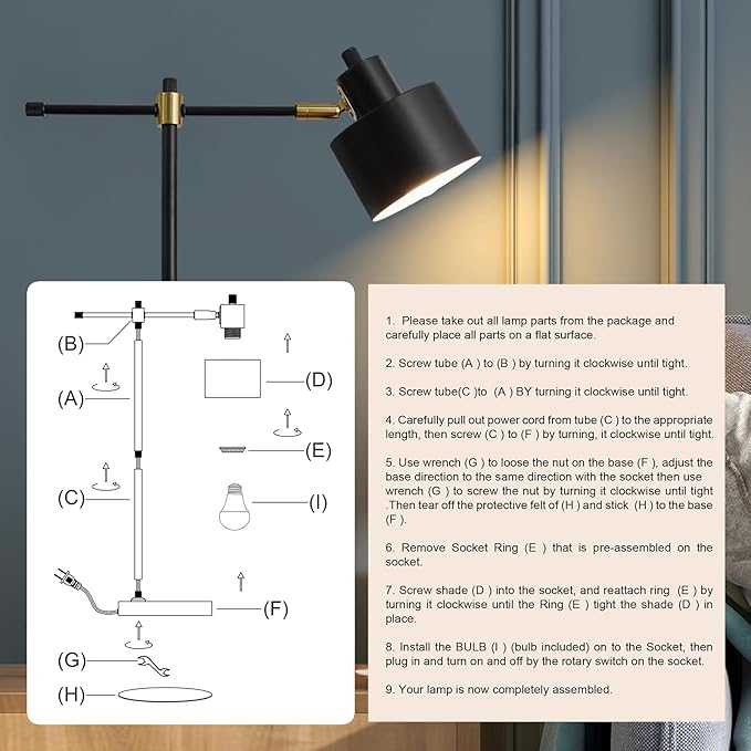 OYEARS 22.2" Modern Desk Lamp, Metal Table Lamp with LED Bulb, Adjustable Reading Lamps for Living Room, Mid Century Task Lamp for Home Office, Industrial Bedside Lamps with Solid Base,Black