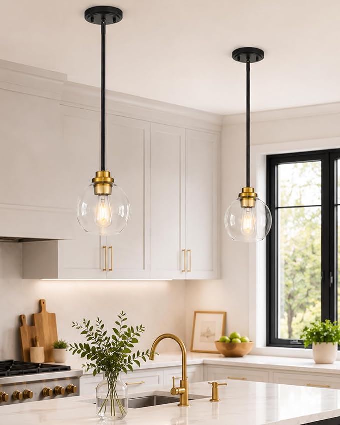 Pendant Lights Kitchen Island, 7" Black and Gold Hanging Lights Fixtures with Clear Glass Globe Shade, Modern Kitchen Island Lighting for Bathroom, AD-22280-1P-KG