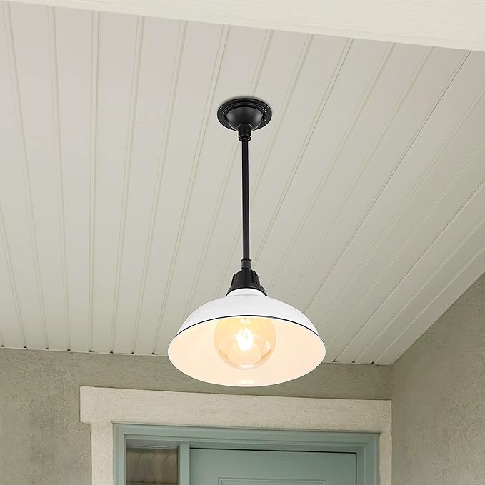 JONATHAN Y 12.25" White/Black 1-Light Farmhouse Indoor/Outdoor LED Pendant Iron Hanging Light, and Black Metal Shade, Rustic Ceiling Lamp for Kitchen Island, LED Bulb Included JYL7611A