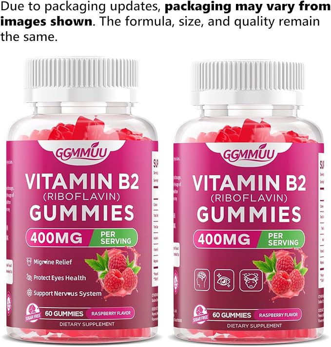 Lot de 2 Gommes Vitamine B2 Riboflavine 400mg avec Magnésium pour Enfants et Adultes, Gommes B2 pour le Soutien du Système Nerveux et la Santé de la Peau, Saveur Framboise, 120 Unités
