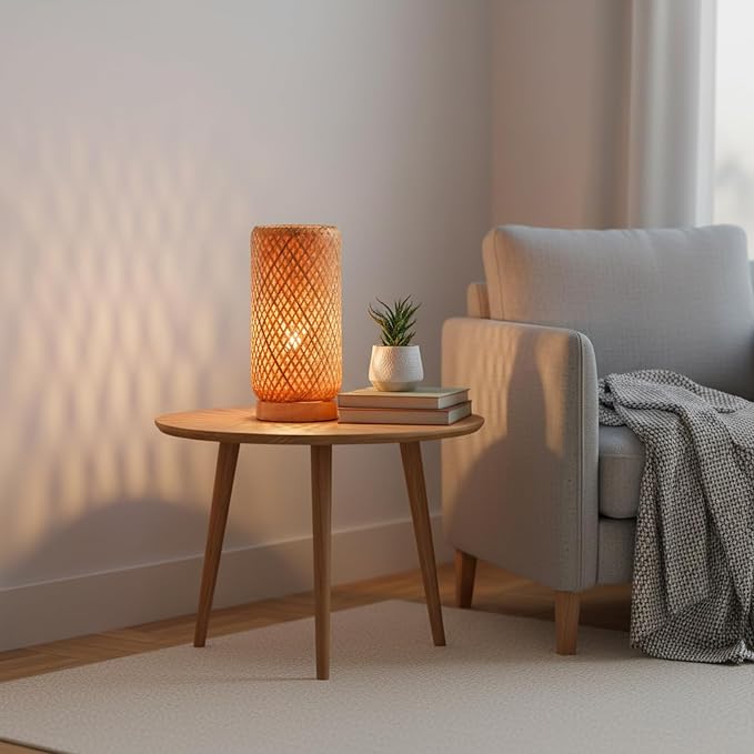 Arturesthome Bamboo Desk Light Woven Boho Beside Lamp Vintage Wicker Wooden Nightstand Lamp for Living Room,Kids Room,Nursery Room Decor