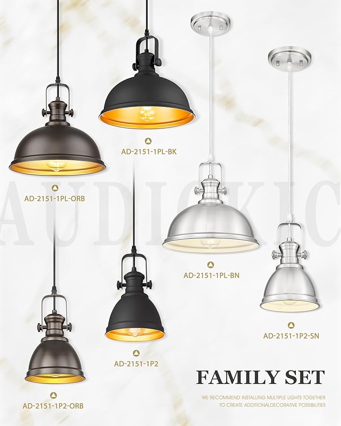 Pendant Lights Kitchen Island, Farmhouse Hanging Lights Fixtures with Metal Shade, Rustic Kitchen Pendant Lighting Over Island for Dining Room, Brushed Nickel, AD-2151-1PL-SN