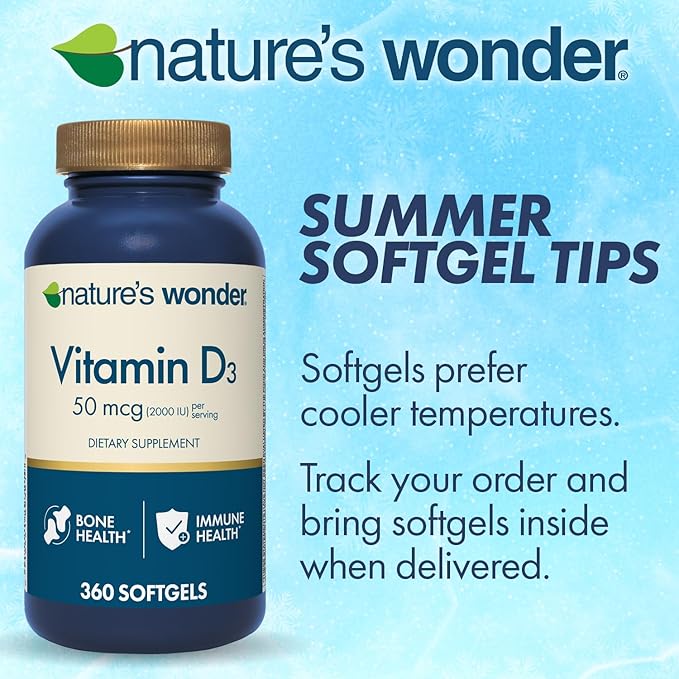 Nature's Wonder Vitamin D3 2000iu (50mcg), 1 Year Supply to Support Bone Health, Immune System, and Promotes Calcium Absorption, Gluten Free, 360 Softgels