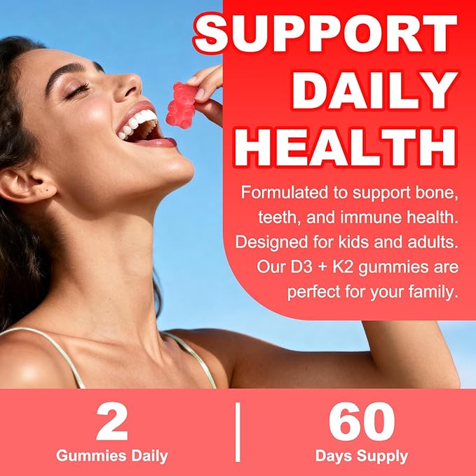 Sugar Free Vitamin D3 K2 Gummies - Vitamin D Gummies with VD3 10000IU, VK2 200MCG, 7 Essential Vitamins - Supports Bone, Muscle, Teeth & Immune - Vegan, Non-GMO, Strawberry Flavor, 120 Count