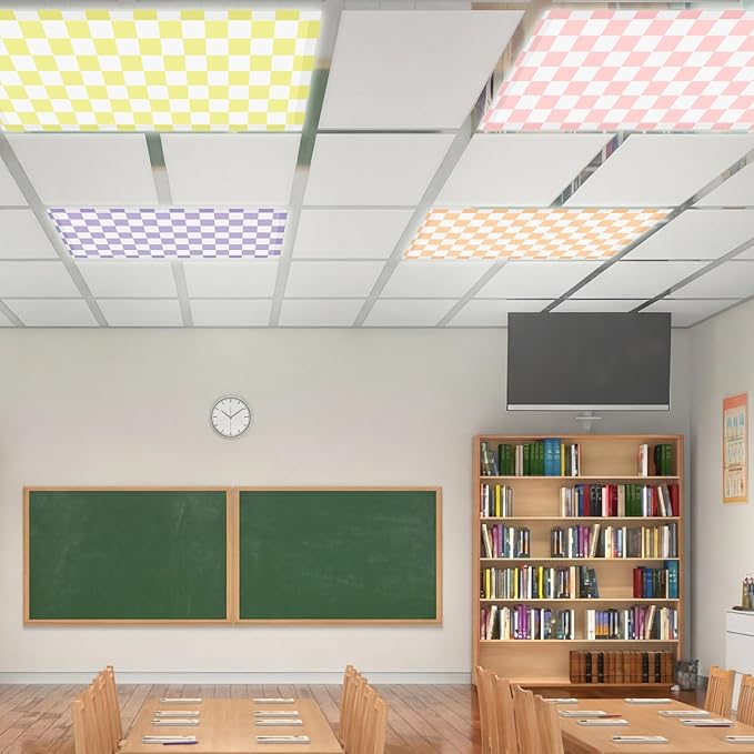6 Pcs 4 x 2 Feet Fluorescent Light Covers Pastel Checkers Magnetic Light Cover for Ceiling Lights with 60 Magnets Decorative Magnetic Filters for Home Office Classroom Kitchen Decoration