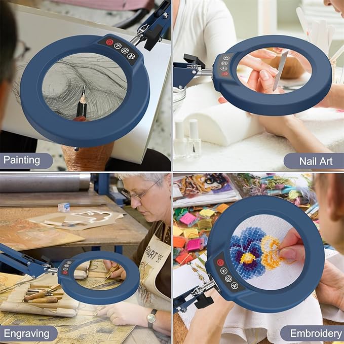 12X Magnifying Glass with Light and Stand, Upgrade Button 5 Color Modes Stepless Dimmable, 2-in-1 LED Lighted Magnifier Light, Hands Free Desk Lamp with Clamp for Craft Hobby Close Work - Blue