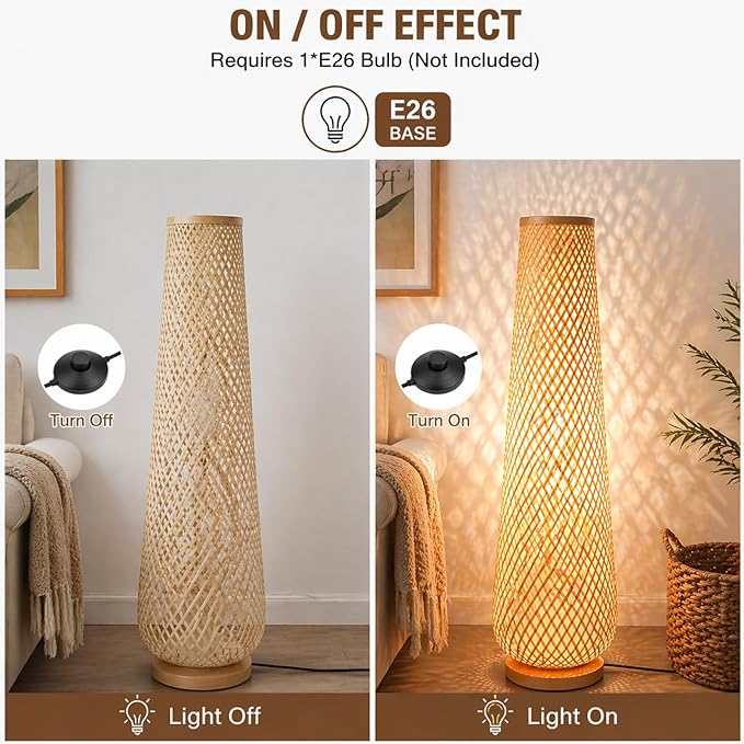 MIXL-Farmhouse Style Bamboo Floor Lamp,Large Wicker Indoor Floor Light,Boho Standing Light Plug in,Modern Minimalist Standing Lamp for Living Room Bedroom