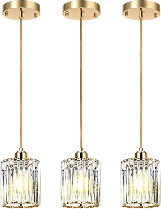3 Pack Gold Pendant Light, Elegant Modern Island Lights for Kitchen with Crystal Glass – Luxury Mini Pendant Light for Kitchen Island, Dining Table, Entryway, Restaurant