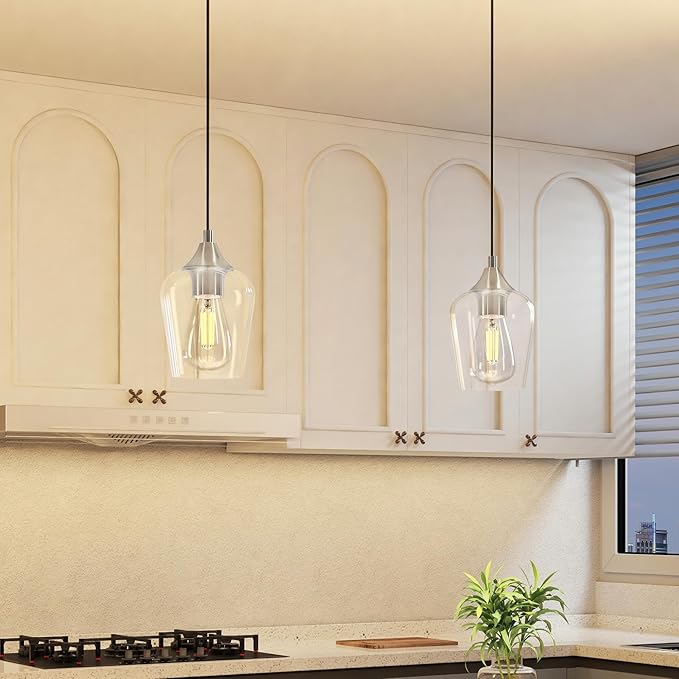 VONLUCE Pendant Lights Kitchen Island, Brushed Nickel Pendant Light Fixtures with E26 Base & Adjustable Cable, Modern Pendant Lighting with Glass Shade for Living Room Bedroom Hallway, 2 Packs