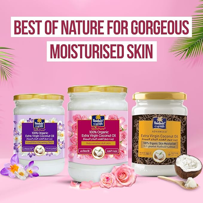 "Huile de Coco Vierge Extra 100% Biologique Parachute Advansed SkinPure à l'Huile de Rose | Hydratant Visage et Corps | Pour une Peau Douce, Lisse et Rajeunie | Stimule le Collagène | Pressée à Froid | 200 ml | Pot en Verre"