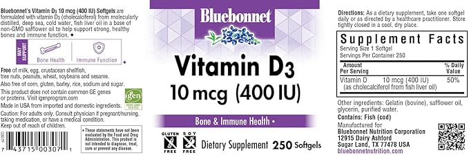 Bluebonnet Nutrition Vitamine D3 400 UI Gélules, Aide à la Croissance Musculaire et Squelettique, Cholécalciférol issu d'Huile de Poisson, Non OGM, Sans Gluten, Sans Soja, Sans Produits Laitiers, 250 Gélules