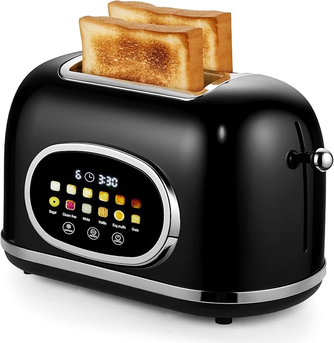 Roter Mond 2 Slice Toaster Smart Touch Screen, Retro Stainless Steel Bread Toaster with Digital Timer, Sleep Mode, Bagel, Cancel, and Defrost Functions, 6 Bread Types and Shade Settings, Black