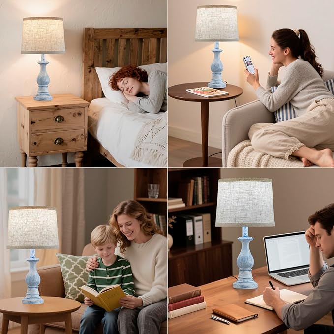Vintage Table Lamp for Living Room Bedroom, 18.5" Farmhouse Bedside Lamps Nightstand Lamp Set of 2, Table Lamps with Oatmeal Linen Lamp Shades, 2 LED Bulbs Included, Washed Blue