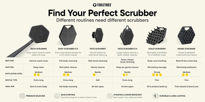 TOOLETRIES Silicone Back Scrubber with Hook, Exfoliating Body & Bath Brush, Long Ergonomic Handle, Non-Slip Grip for Hard-to-Reach Areas, Hygienic Silicone Bath Accessory for Men & Women - Sand