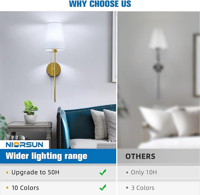 NIORSUN 25.4 inch Battery Operated Wall Sconce Set of 2,Gold Rechargeable Wall Lights with 10400mAh Dimmable Detachable Bulbs and Remote,9 Colors Wireless Sconces for Bedroom Living Room Hallway