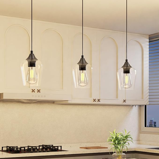 VONLUCE Pendant Lights Kitchen Island, Matte Black Pendant Light Fixtures with E26 Base & Adjustable Cable, Modern Pendant Lighting with Glass Shade for Living Room Bedroom Hallway, 3 Packs