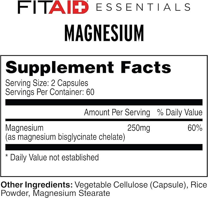 Gélules de glycinate de magnésium FITAID Essentials, récupération haute puissance pour l'haltérophilie, la course, le cyclisme, soulagement de la fatigue musculaire, santé osseuse, 2 mois d'approvisionnement, 120 gélules végétales biodisponibles