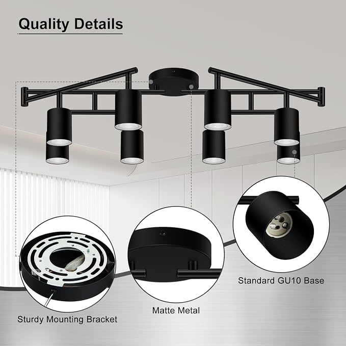 AUQUEE 8 Light Track Lighting Fixtures Ceiling, Matte Black Kichen Track Lighting Fixtures, Rotatable Light Heads, Adjustable Modern LED Track Lights for Kitchen/Hallway, No GU10 Bulb