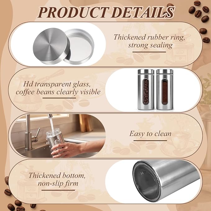 Suclain Stainless Steel Coffee Grounds Canisters with Shelf 2 x 50oz Sugar Coffee Bean Storage Container Airtight Threaded Lid Glass Window Scoop Kitchen Jar Set (Upgrade Style, 11.02 x 5.12 x 2.76'')