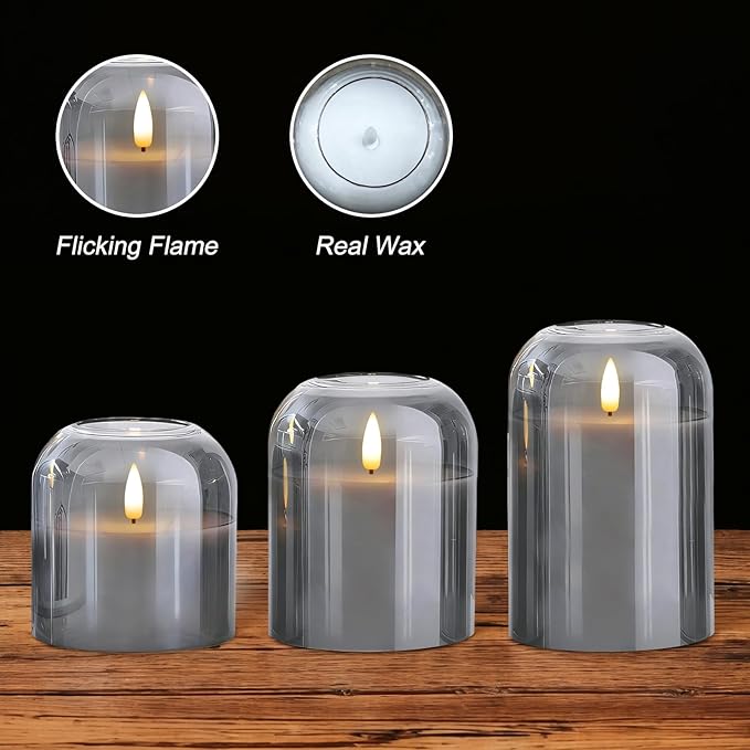 Homemory Glass Flameless Candles, Battery Operated Plliar Candles Realistic Flickering, LED Electric Light with Remote and Timer for Home, Christmas Decoration, Gray, Set of 3