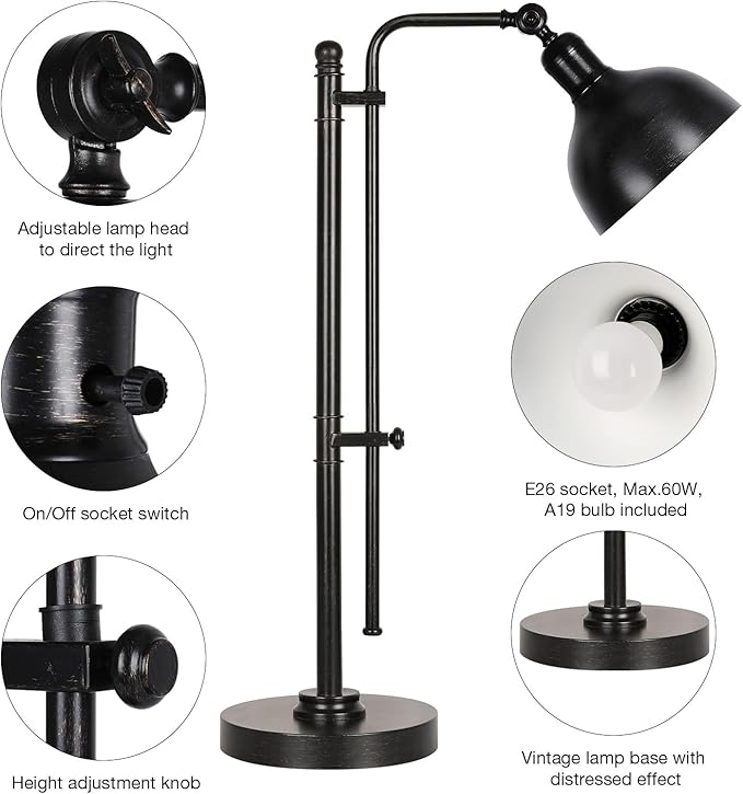 PARTPHONER Industrial Adjustable Desk Lamp for Home Office, Farmhouse Table lamp 29''-38'', Rustic Metal Task Desk Lamp in Aged Bronze Finish, Vintage Reading Lamp for Study Room,Black