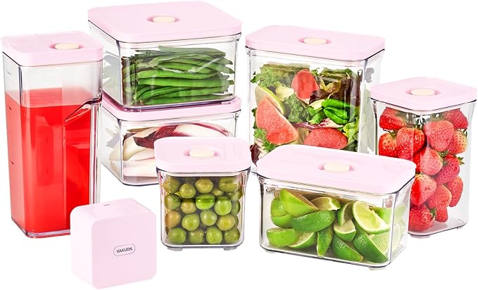 VAKUEN Premium Airtight Food Storage Containers ROSE 8P/SET, 6pcs Container, 1pcs Water Pitcher and Vacuum Sealer. Patented Double Silicone Lining, 100% Leak Proof, BPA-FREE