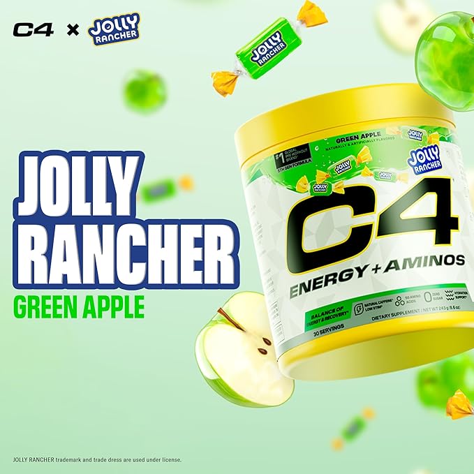 C4 Energy + Aminos Powder Jolly Rancher Green Apple, 5g BCAAs & EAAs for Muscle Recovery, 3 Electrolytes for Hydration, 100mg Natural Caffeine, Pre Workout, Zero Sugar, 30 Servings