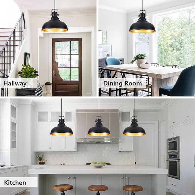 Refice 1 Pack Farmhouse Pendant Lights Black Pendant Lighting for Kitchen Island Adjustable Height Dome Hanging Lights for Barn, Dining Room