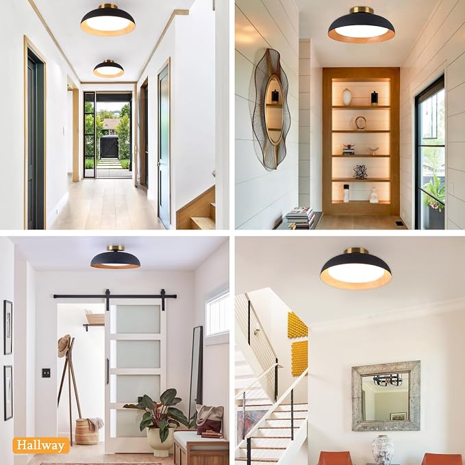 Bargeni Flush Mount Ceiling Light, Mid Century Black Wood Ceiling Light | 12.5" selectable 2700K-6000K, smooth dimming, matte black finish with wood accent, ideal for hallway, bedroom and kitchen