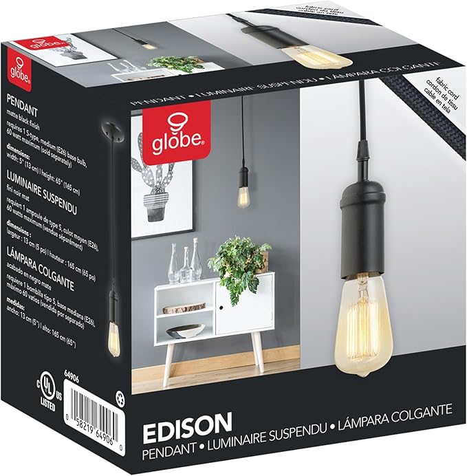 Globe Electric 64906 1-Light Pendant, Matte Black, Black Woven Fabric Cord, E26 Base Socket, Kitchen Island, Café, Decorative, Ceiling Hanging Light Fixture, Modern, Vintage, Bulb Not Included