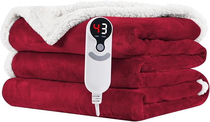 Electric Heated Blanket 62"x84" Twin Size, Dual-Sided Flannel & Sherpa, 9 Heat Settings & 1-10H Auto Off, Soft Warm for Home Office Bed Couch, Machine Washable, ETL Certified, Wine Red