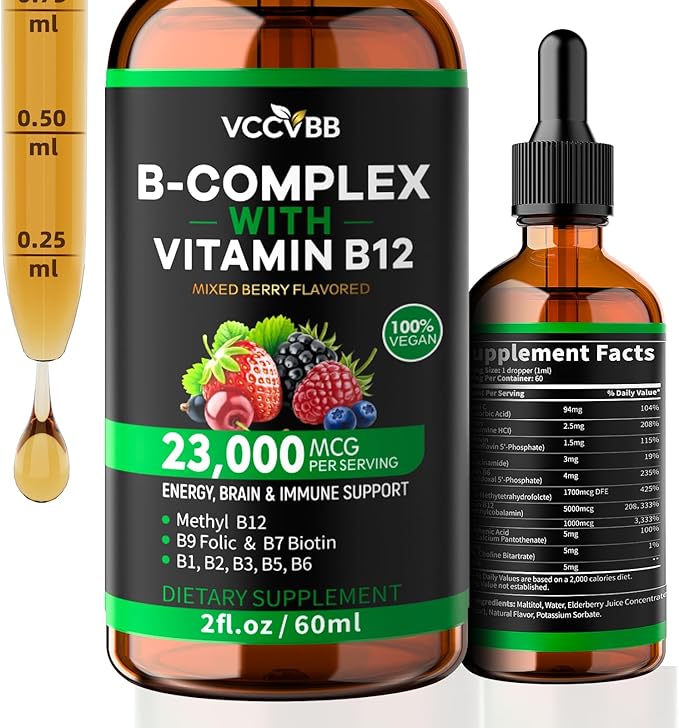 Vitamin B Complex Drops, Active B12 Methylcobalamin 5000mcg, B6, B1, B2, B5, B7, B3, Folate with Vitamin C, B12 Sublingual Liquid Fast Absorption | Boost Energy, Focus & Immunity, Vegan | 60 Servings