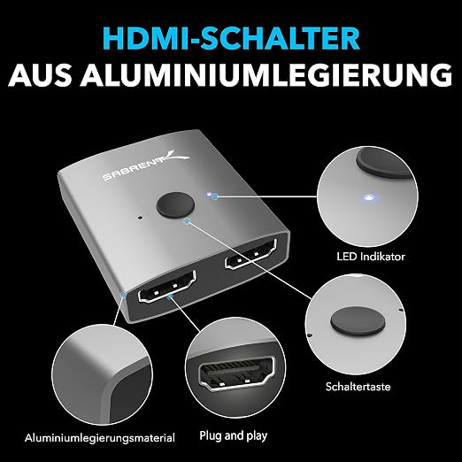 SABRENT HDMI Switch, 4K@60Hz HDMI Switcher, Splitter 2 in 1 Out, Supports HDR, 3D, Dolby, Compatible with Laptops, PC, Xbox Series, PS5 / PS4, Projector, and More (DA-HSW2)