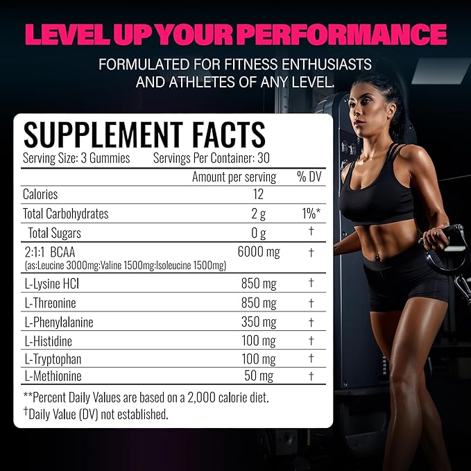 EAA Gummies - 2:1:1 BCAA Formula (8300mg) - Essential Amino Acids for Muscle Recovery & Endurance - Non-GMO, Gluten Free, Sugar Free, Vegetarian, Raspberry Flavor - 90 Count