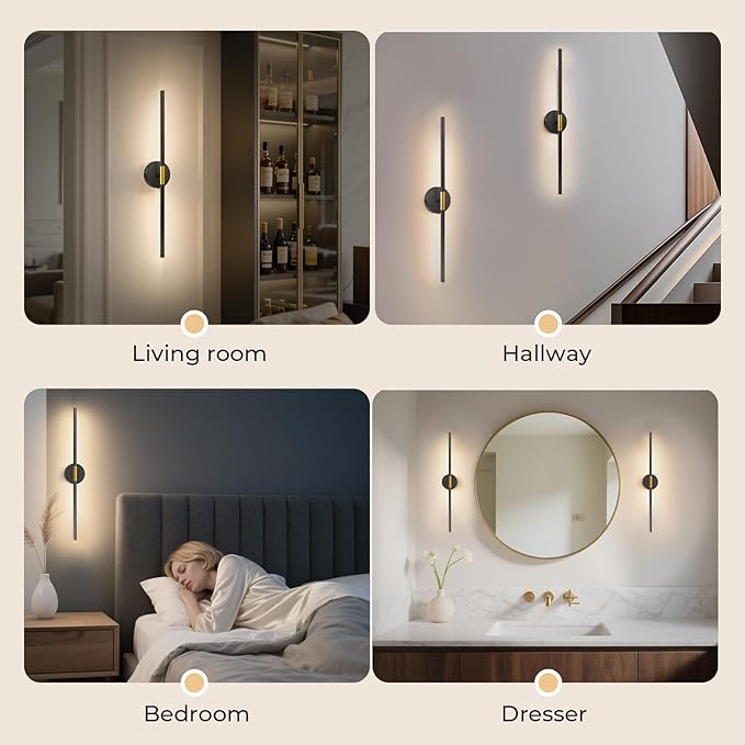 GvvooHome 28" Battery Operated Wall Sconce, 360°Rotation Wireless Rechargeable Wall Lights with Remote Control, 3000K-6500K LED Detachable Wall Lamp for Bedroom, Hallway, Background Wall, Black Gold