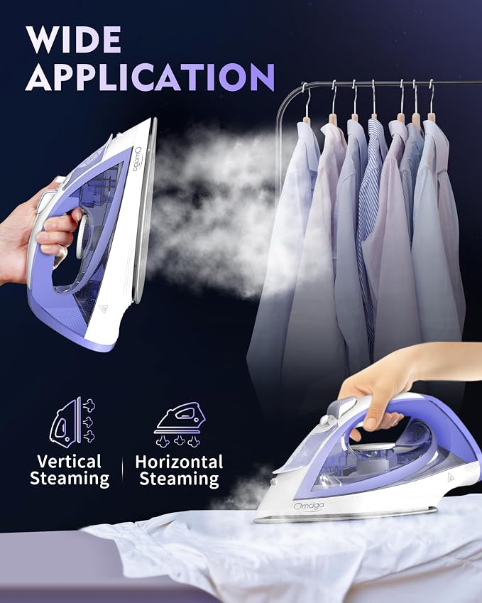 OMAIGA Cordless Steam Iron for Clothes, 1550W 2-in-1 Cordless and Corded Iron with Rapid Heat, Ceramic Soleplate, 3-Way Auto-Off, 12.85 oz Water Tank, Lavender