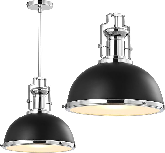 JONATHAN Y 13" Black/Chrome Modern Industrial Iron LED Dome Pendant Light, Adjustable Hanging Fixture for Kitchen Island or Entryway, Black Metal Shade, LED Bulb Included (JYL9536B)