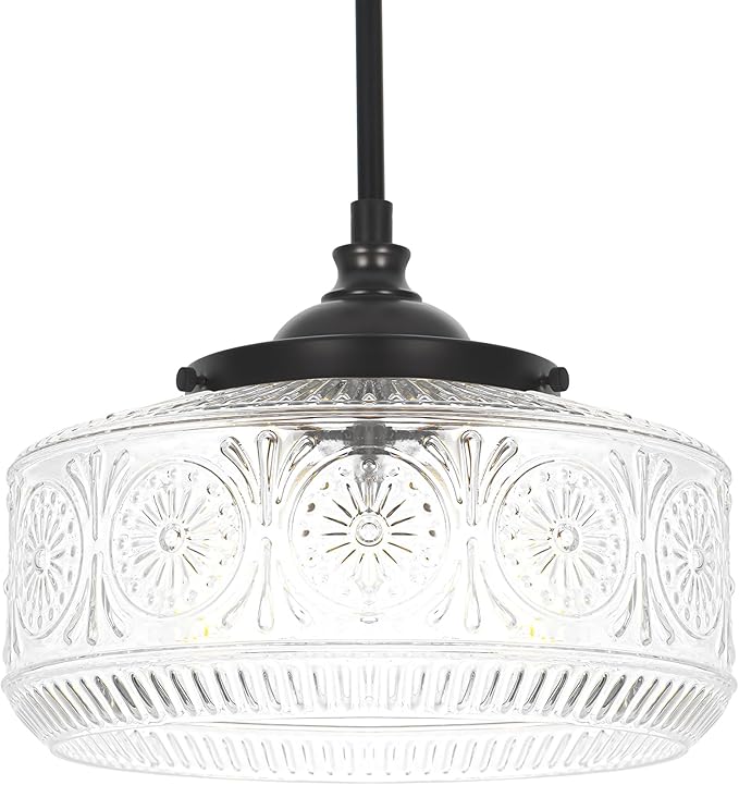 Modern 3 Lights Drum Pendant Light with Etched Glass Shade, Adjustable Height Black Pendant Lights Kitchen Island, Chandelier for Dining Room, Bedroom, Hallway, Bathroom, E12 Base, Bulbs Not Included