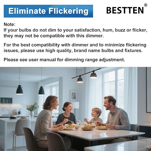 BESTTEN 3 Pack Slide Dimmer Light Switch, Quiet Rocker, Super Slim Single Pole or 3 Way Dimmable Switch, Max 300W LED, CFL, 600W Incandescent, ETL Listed, White