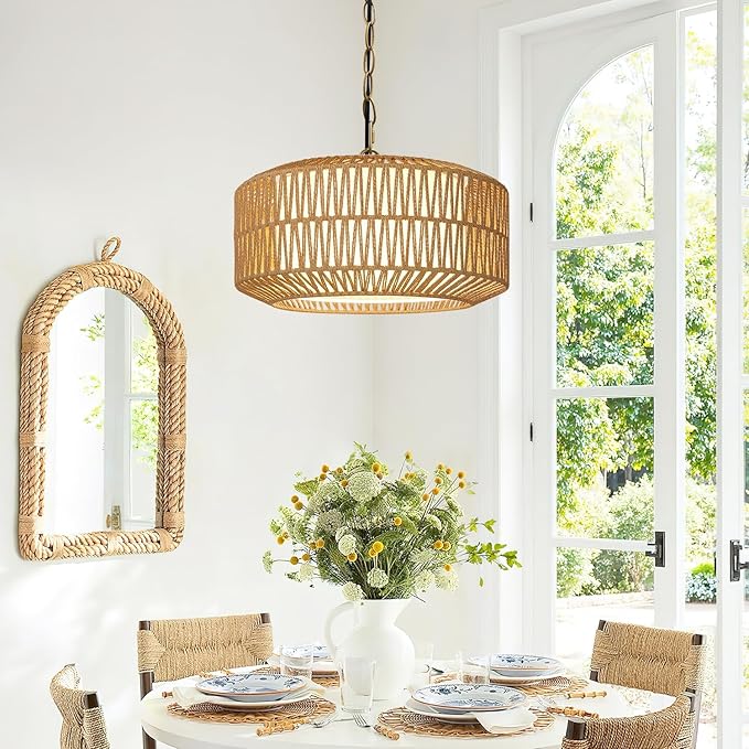 9"-52" Height Adjustable Farmhouse Chandelier Light Fixture, 5-Light Rattan Boho Chandeliers for Dining Room, Hand Woven Pendant Light with Linen Shade, Rustic Hanging Lighting for Kitchen Island