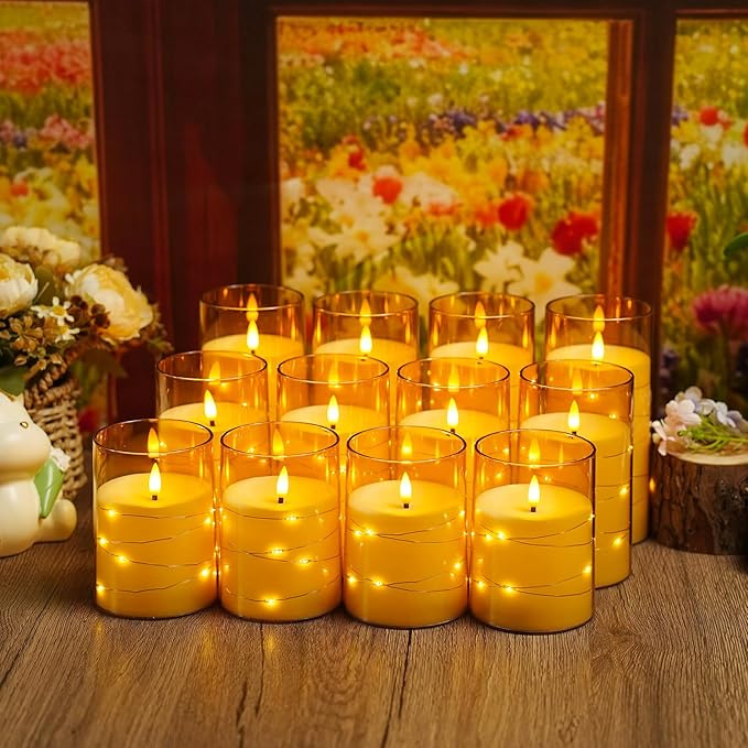 kakoya Flameless LED Candles with Timer 12 Pc Flickering Flameless Candles for Romantic Ambiance and Home Decoration Stable Acrylic Shell,with Embedded Star String,Battery Operated Candles(Gold)