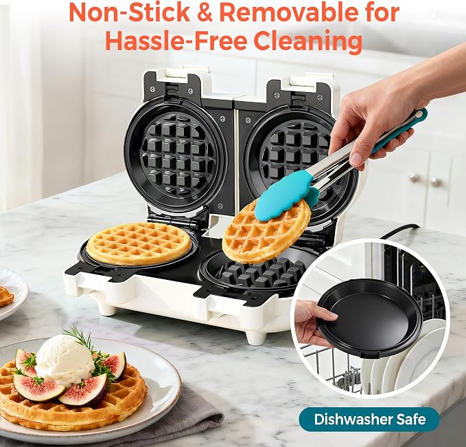 2-in-1 Double Waffle & Pancake Maker - CACHOO Mini 4" Nonstick Waffle Iron & Small Round Griddle with 4 Removable Plate Sets, Dishwasher Safe, Perfect for Small Spaces, Apartments & Dorms, Beige