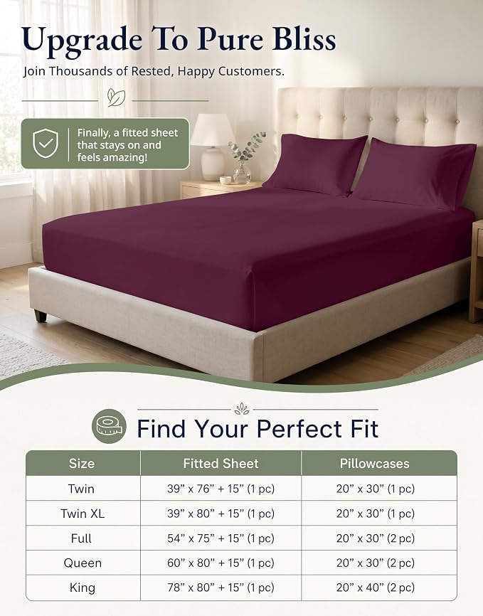 LANE LINEN Queen Fitted Sheet & Pillowcases Set (No Flat Sheet) - 100% Organic Cotton Soft & Breathable Percale Weave Fitted Sheet Set - GOTS Certified - 15'' Deep Pocket - Windsor Wine