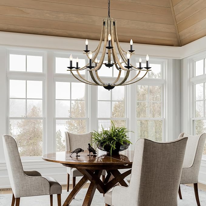 LAMPKEDUO Farmhouse Chandeliers for Dining Room Light Fixture, 2 Tier 12-Light 41" Adjustable Height Retro Faux Wood Texture Rustic Light Fixtures for Living Room Bedroom Kitchen Island Foyer Entryway