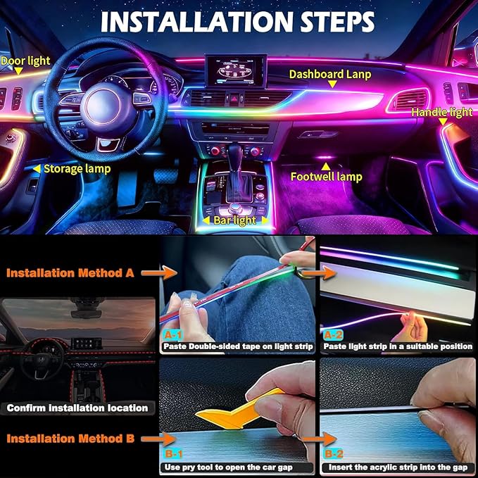 Interior Car LED Strip Lights,Acrylic LED Lights for Car with Dynamic Dreamcolor Chasing,175 inches 10 in 1 RGB Neon Strip Fiber Optic Ambient Lighting Kits with Remote APP,for Inside car Decorations