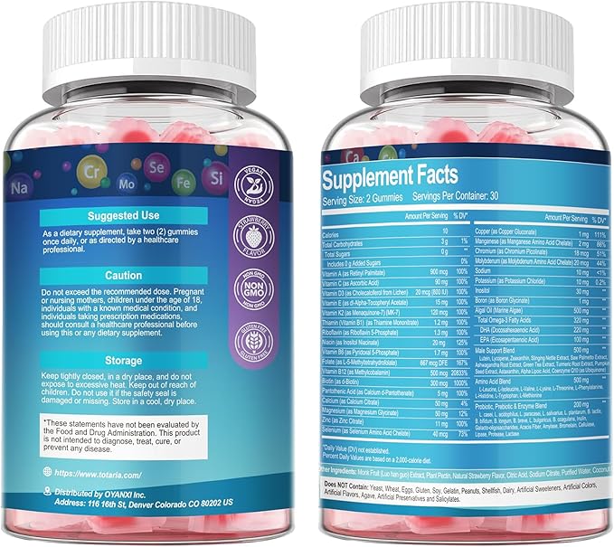 Totaria Multivitamine Sans Sucre pour Hommes avec Oméga 3, Probiotiques, Gummies Multivitaminés pour Hommes avec Complexe B Méthylé, AAE, Lycopène, Zinc, pour Énergie Quotidienne, Immunité, Cœur, Sans Fer, 60 Comprimés
