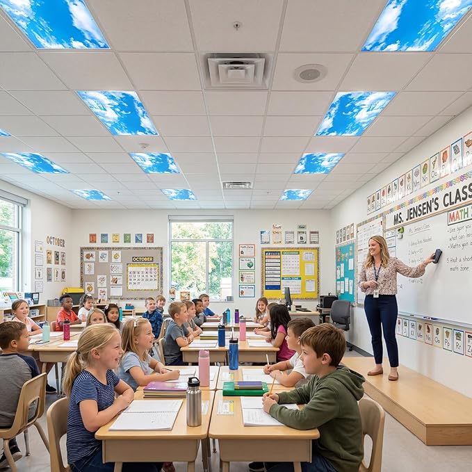 Aheroi 8 Pcs Light Covers, 4 x 2 Feet Magnetic Light Covers for Fluorescent Light Shade, Drop Ceiling Lighting Covers Classroom Light Filters, Room School Office Decor(Cloud Blue Sky)