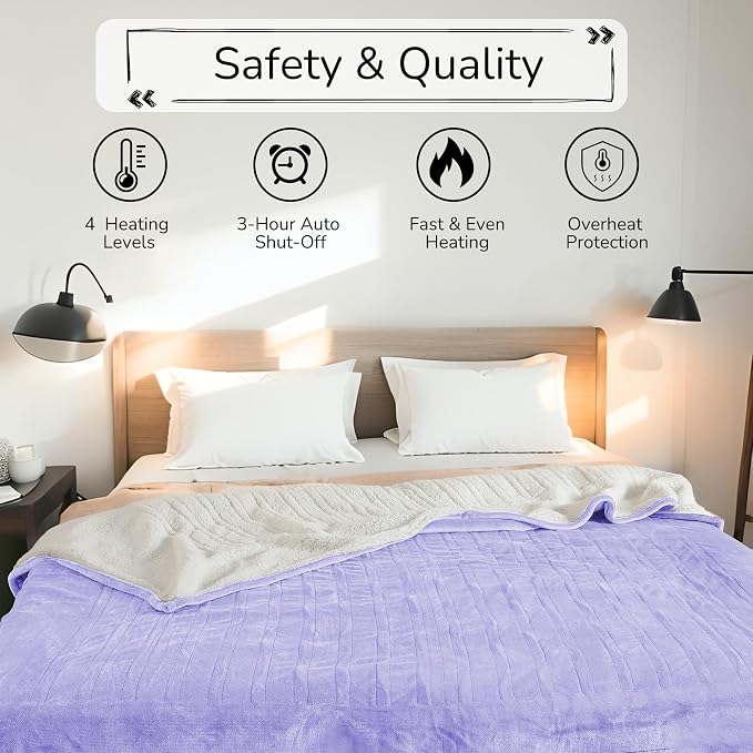 Electric Heated Blanket King Size 90"x100" – ETL Certified for Safe Overnight, 4 Heat Settings & 10H Auto Off, Dual-Sided Microplush Sherpa for Home Theater Night, Machine washable – Light Purple