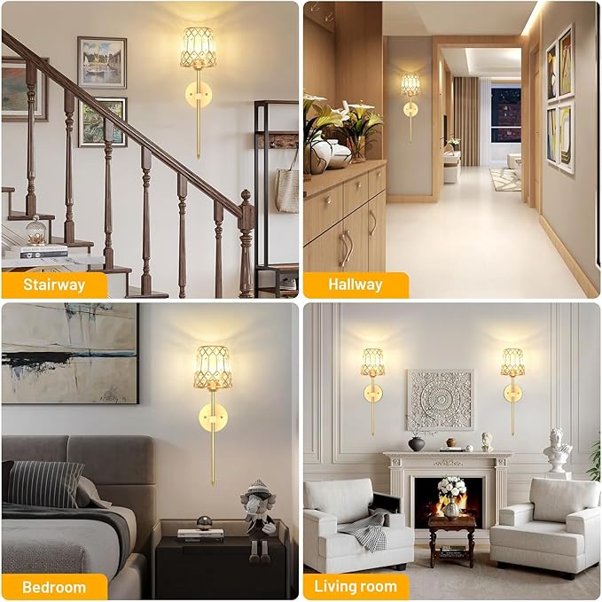 Gold Battery Operated Wall Sconces Set of 2, Crystal Rechargeable Wireless Wall Sconce Light Fixtures for Home Decor, Dimmable 12 RGB and 3CCT Wall Lamps with Remote for Living Room Bedroom Hallway