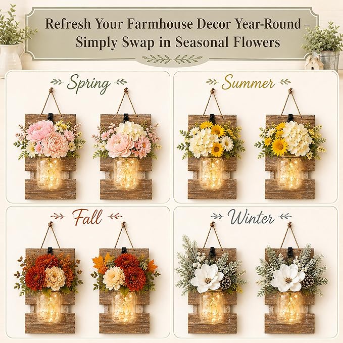 Rustic Mason Jar Sconces Wall Decor - Set of 2 Hanging Wooden Wall Art with LED String Lights & Remote Timer - Vintage Farmhouse Decoration for Living Room or Bedroom, Brown